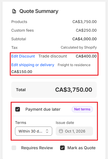 OrderPilot Quote Summary card Screenshot of OrderPilot Quote Summary card with a discount, shipping, and Payment due later terms