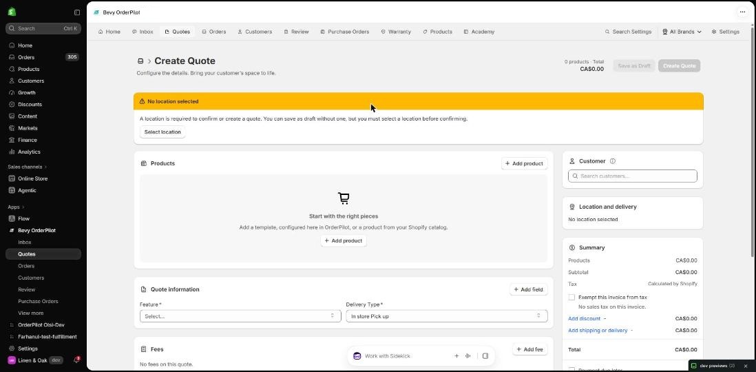 Create Quote form The Create Quote form showing Products, Quote information, Fees, Summary, and Customer panels