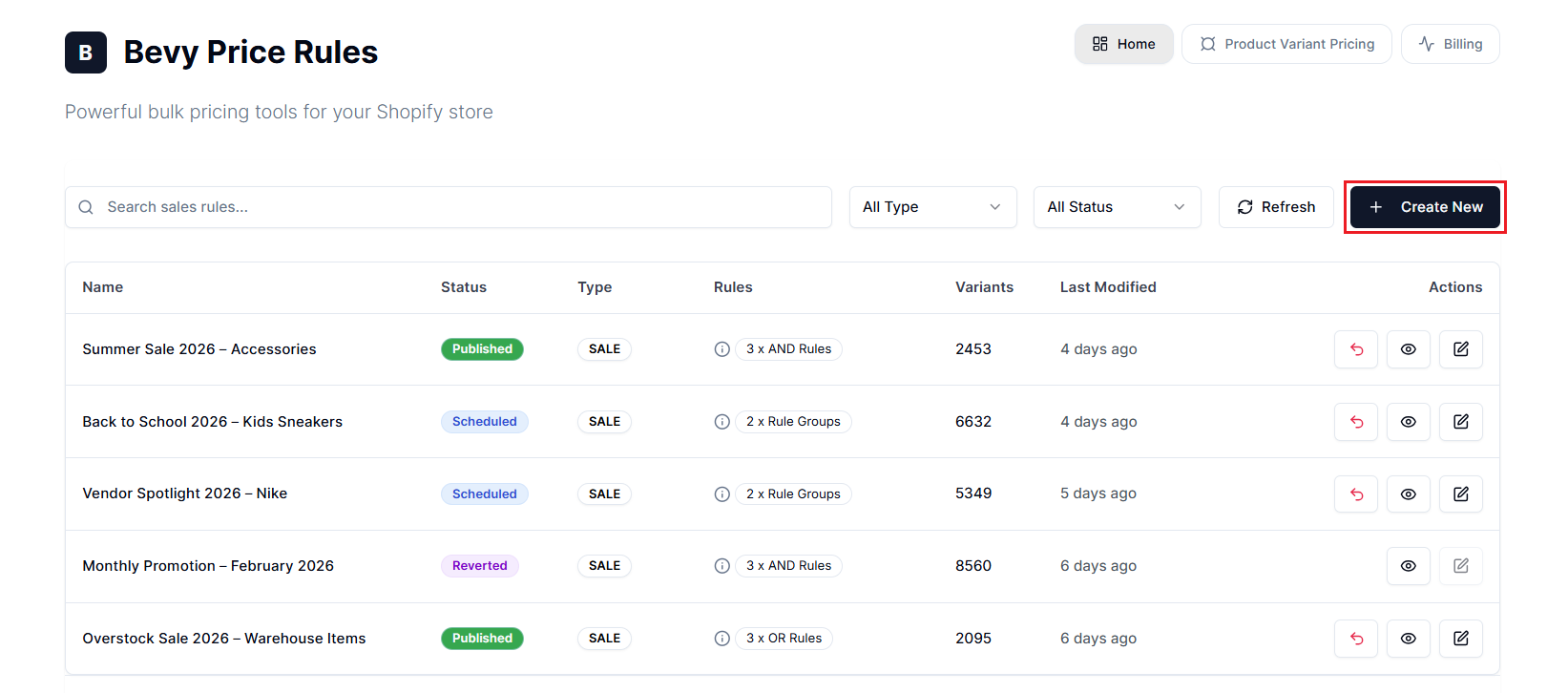 Screenshot of Price Rules Dashboard-Create New Rule