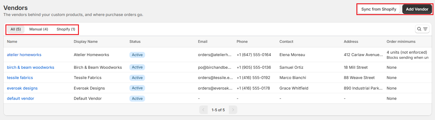 OrderPilot Vendors settings with the Sync from Shopify and Add Vendor buttons Screenshot of OrderPilot Vendors settings with the Sync from Shopify and Add Vendor buttons