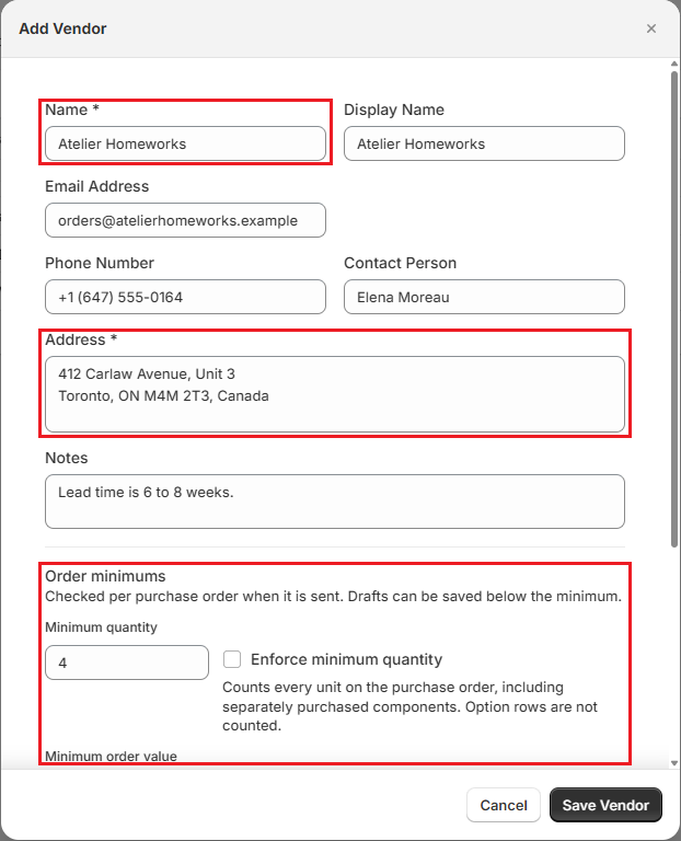 OrderPilot Add Vendor form for Atelier Homeworks with order minimums Screenshot of OrderPilot Add Vendor form for Atelier Homeworks with order minimums
