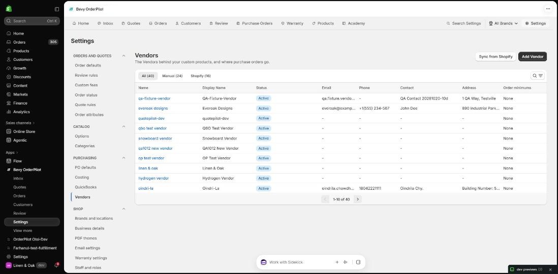 The Vendors settings page showing All, Manual, Shopify tabs and vendor list with Name, Status, Order minimums columns