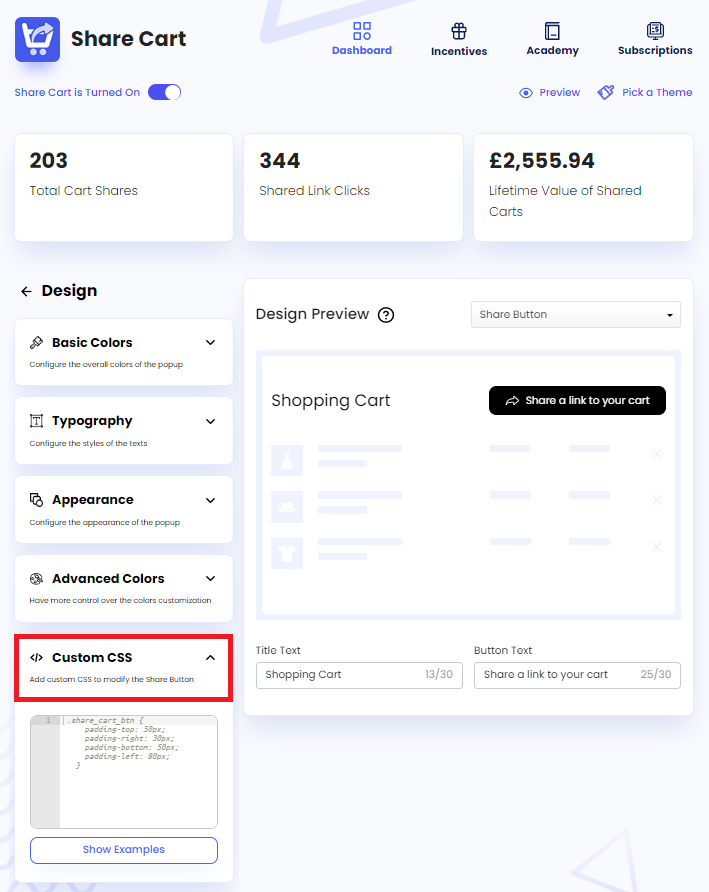 Screenshot of Share Cart Dashboard-Clicking on Custom CSS