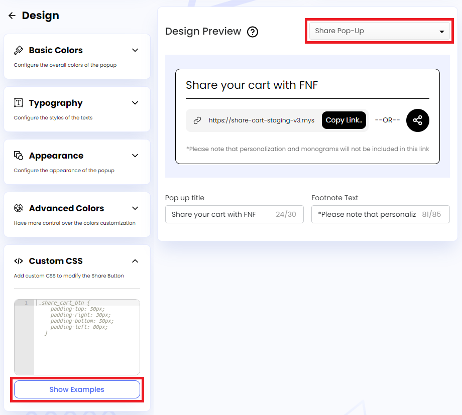 Screenshot of Share Pop-Up Custom CSS-Clicking on Show Examples