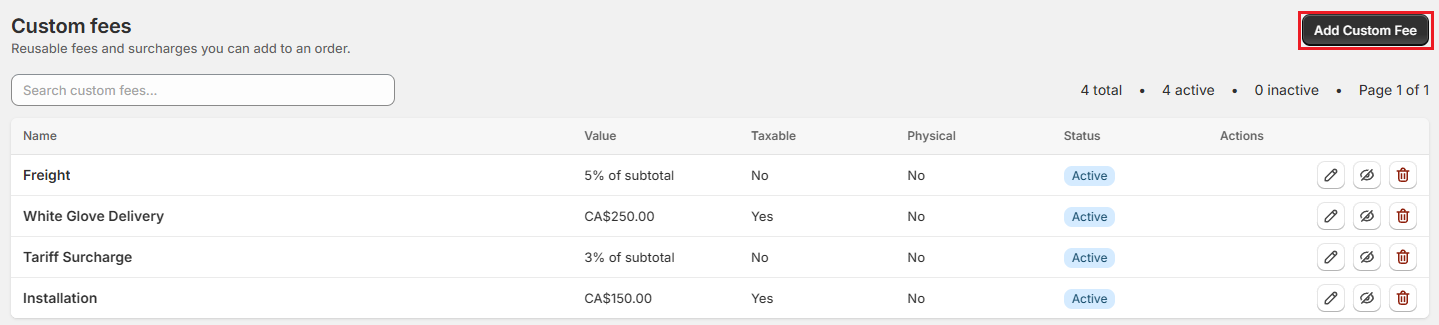 OrderPilot Custom fees settings with the Add Custom Fee button Screenshot of OrderPilot Custom fees settings with the Add Custom Fee button