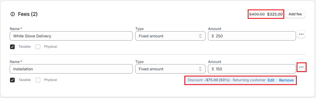 OrderPilot Fees card with a discount on the Installation fee Screenshot of OrderPilot Fees card with a discount on the Installation fee