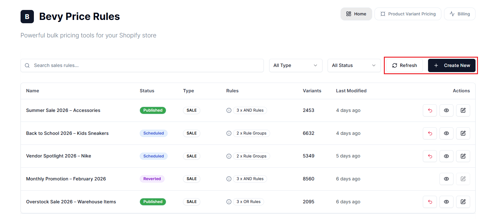Screenshot of Price Rules Dashboard-Refresh and Create