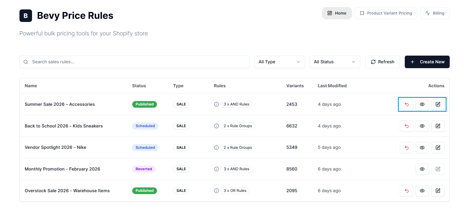 Screenshot of Price Rules Dashboard-Table