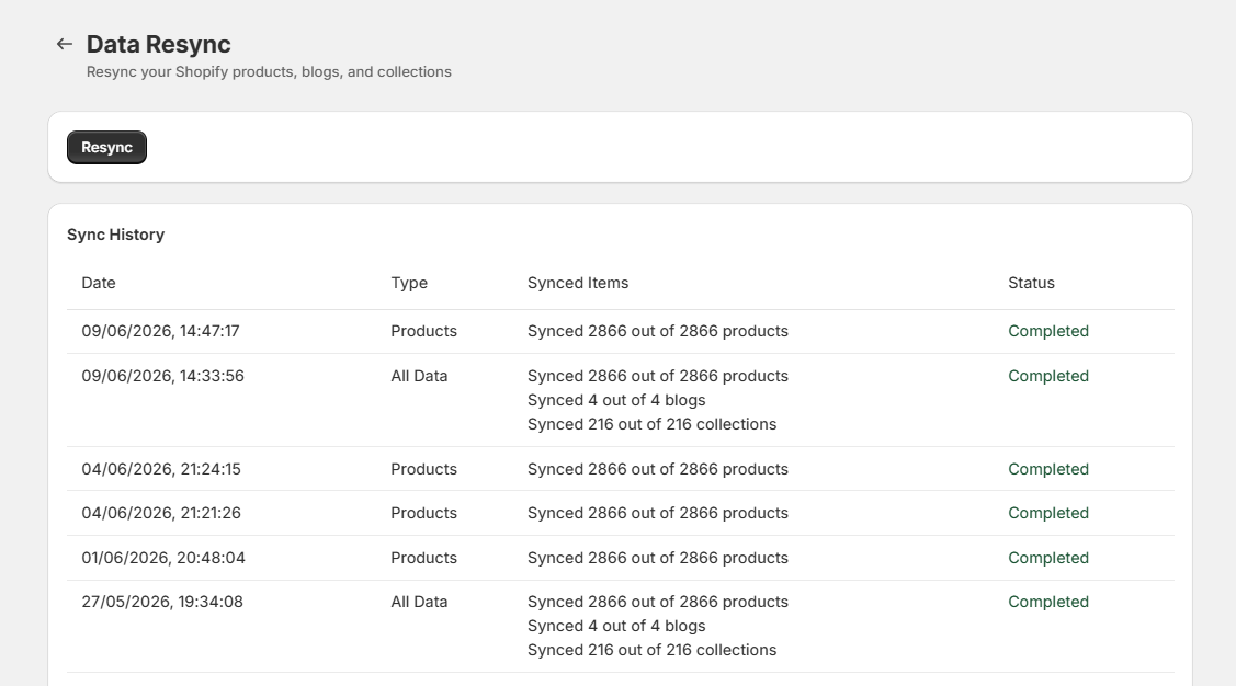 Surge Dashboard Sync History Page Screenshot of Surge Dashboard Sync History Page