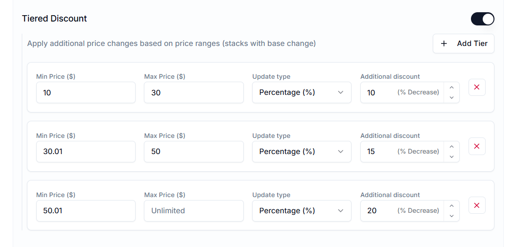 Screenshot of Price Rules Tiered Discount
