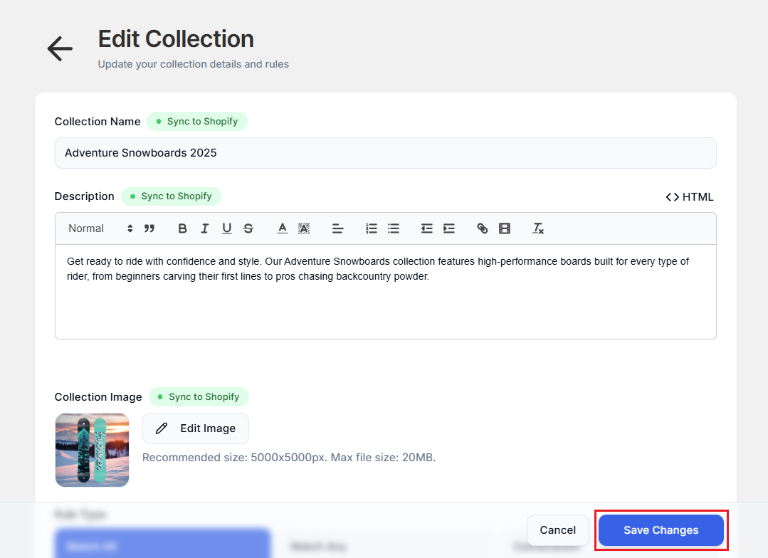 Screenshot of Smart Collections Builder Collection Editing Page-Saving Collection