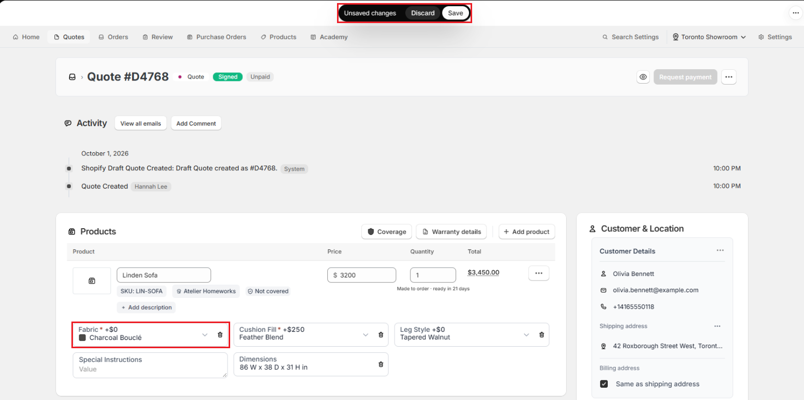 Screenshot of OrderPilot quote page with the save bar showing unsaved changes