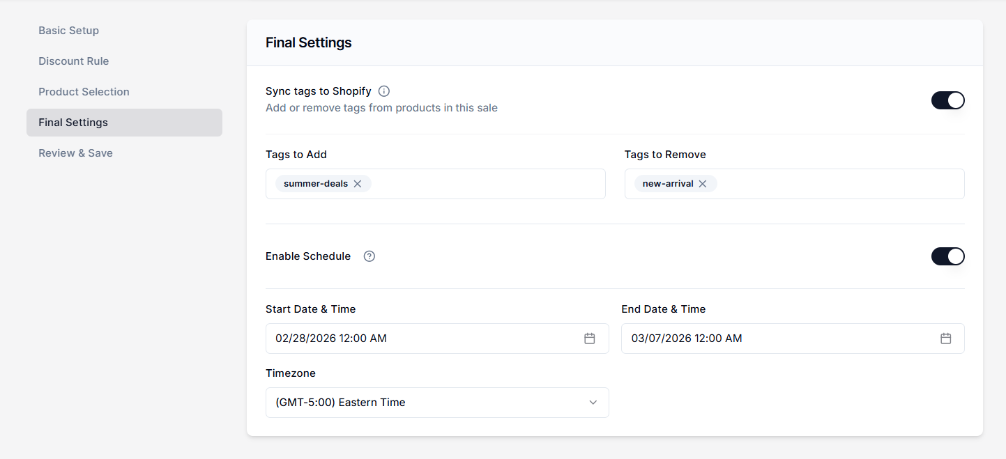 Screenshot of Price Rules-Edit Tags and Schedule