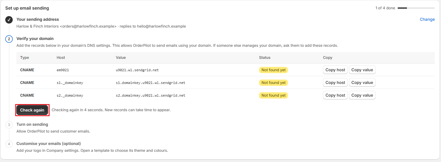 Screenshot of OrderPilot Set Up Email Sending Checklist