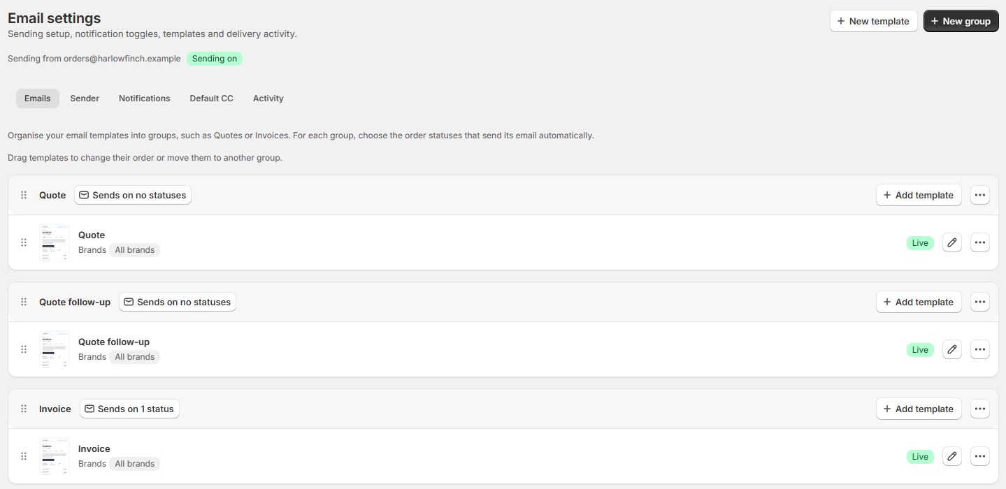 Screenshot of OrderPilot Email Groups on the Emails Tab