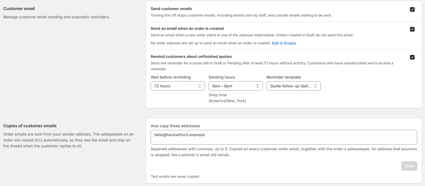 Screenshot of OrderPilot Email Notifications Tab