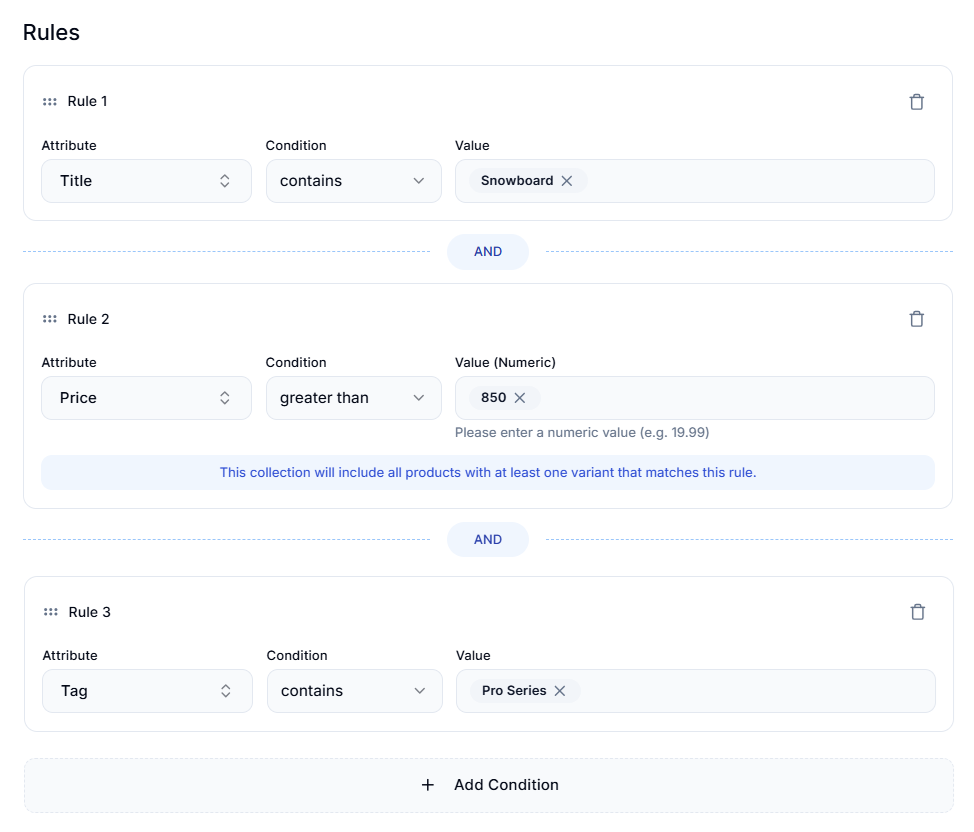 Smart Collections Builder-Multiple Rules and Filters Screenshot of Smart Collections Builder-Multiple Rules and Filters