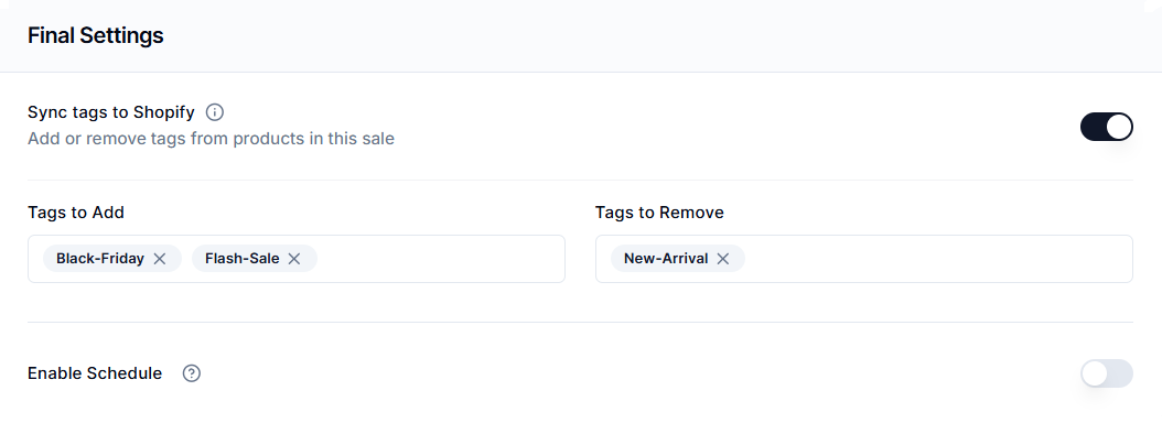 Screenshot of Price Rules Shopify Tag Sync