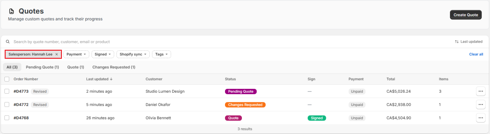 Screenshot of OrderPilot Quotes list with the Salesperson filter chip, search field, and status tabs