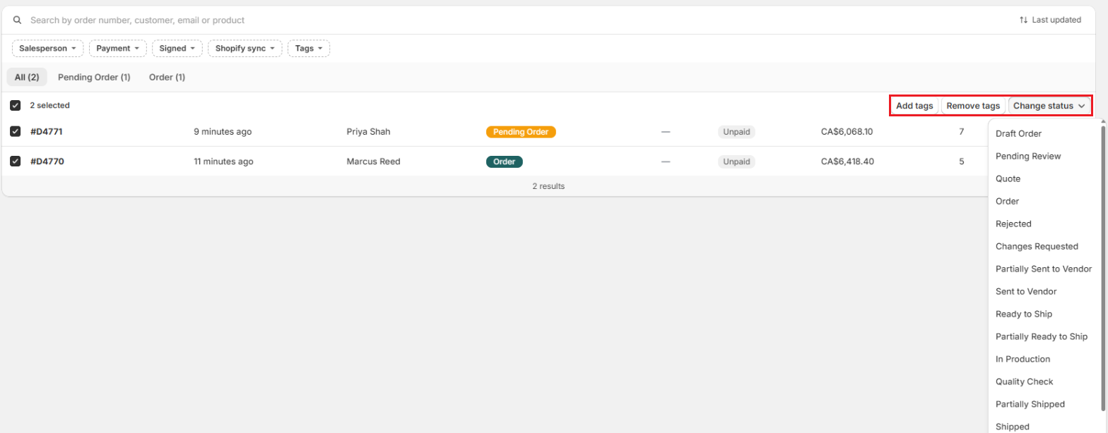 Screenshot of OrderPilot Orders list with three rows selected and the bulk action bar showing