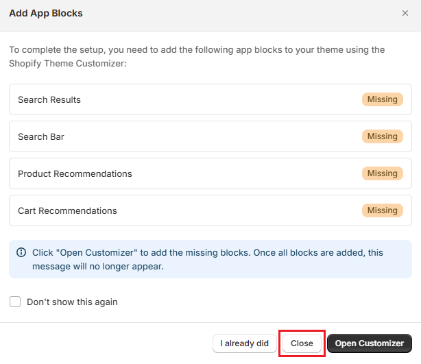 Surge Add App Blocks Modal-Close Modal Screenshot of Surge Add App Blocks Modal-Close Modal