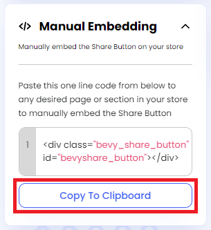 Screenshot of Manual Embedding-Clicking on Copy To Clipboard