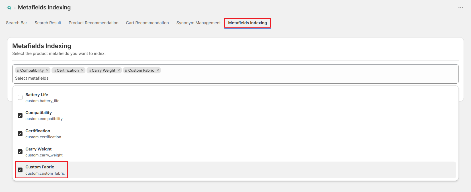 Surge Metafields Indexing Tab-Select Metafields Screenshot of Surge Metafields Indexing Tab-Select Metafields