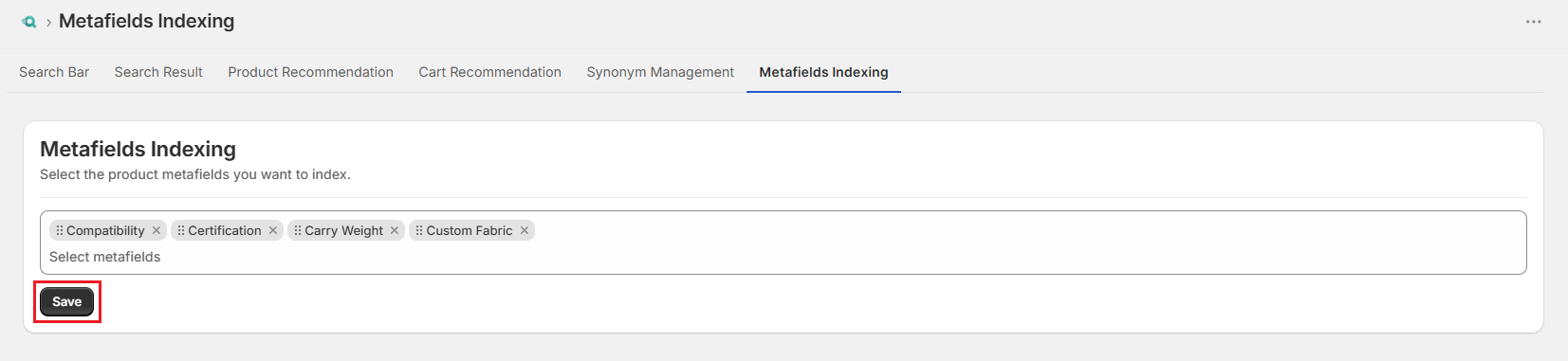 Surge Metafields Indexing Tab-Save Metafields Screenshot of Surge Metafields Indexing Tab-Save Metafields