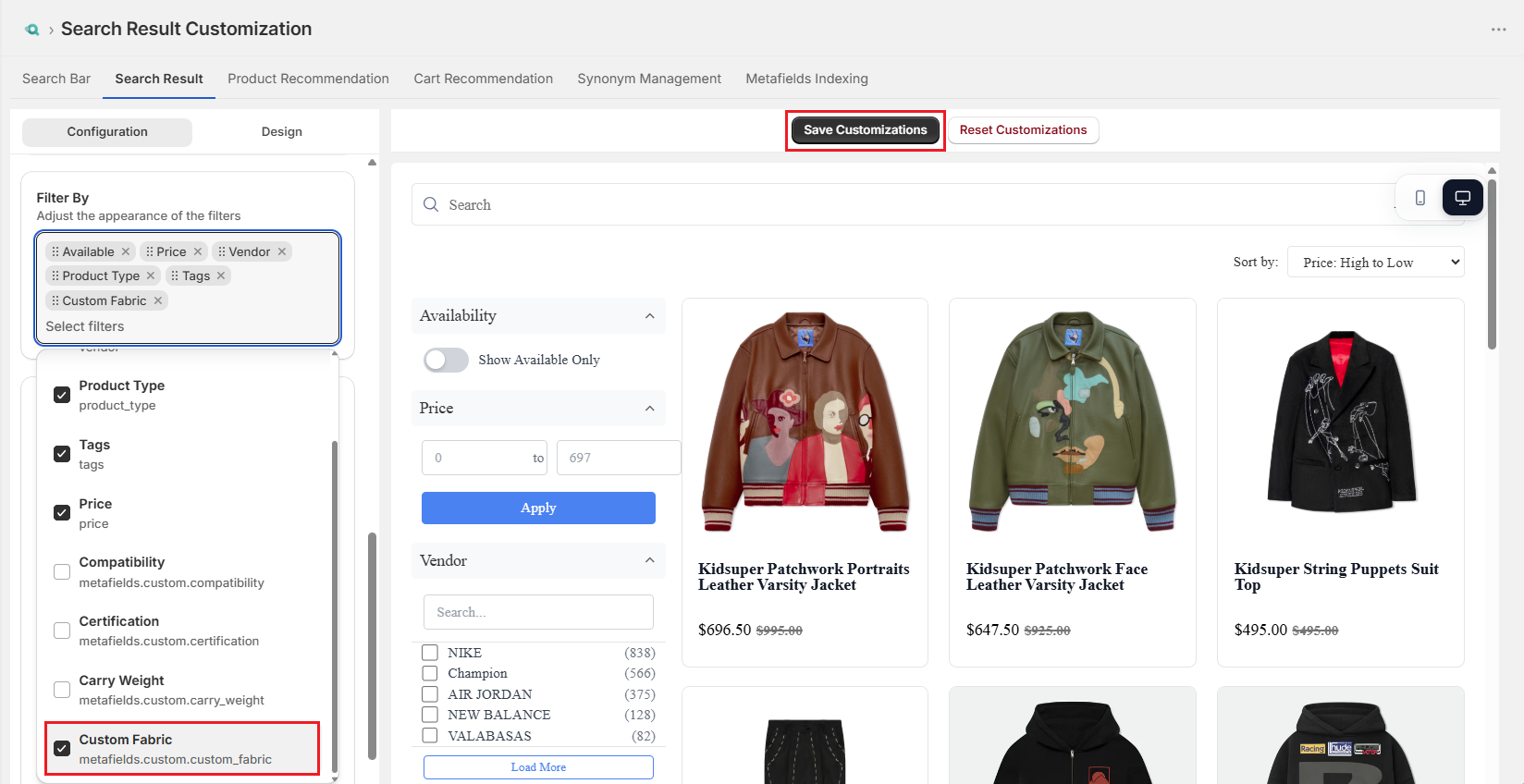 Surge Search Results Tab-Add Metafields As Filter Screenshot of Surge Search Results Tab-Add Metafields As Filter