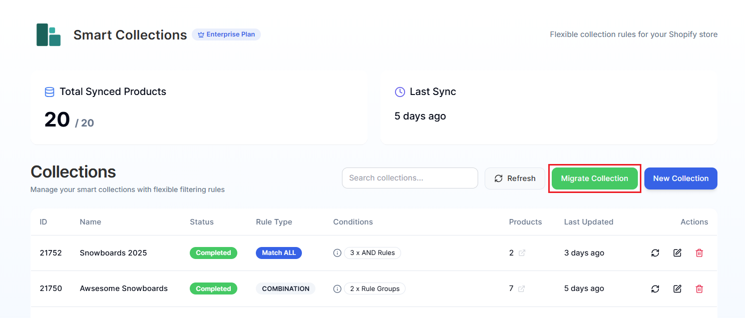 Smart Collections Builder Dashboard Screenshot of Smart Collections Builder Dashboard
