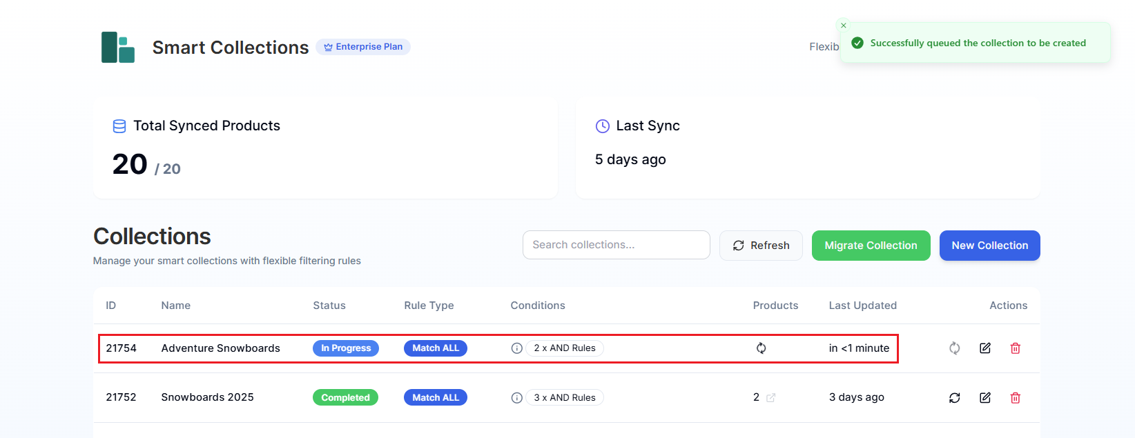 Smart Collections Builder Dashboard-Checking Migration Progress Screenshot of Smart Collections Builder Dashboard-Checking Migration Progress