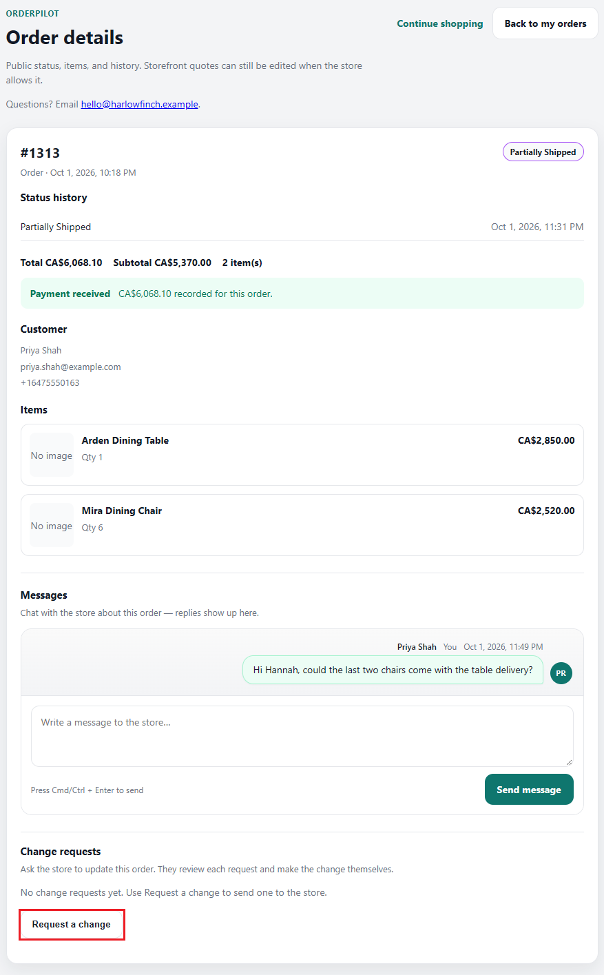 Screenshot of a My orders detail page for a paid order with Messages and Change requests