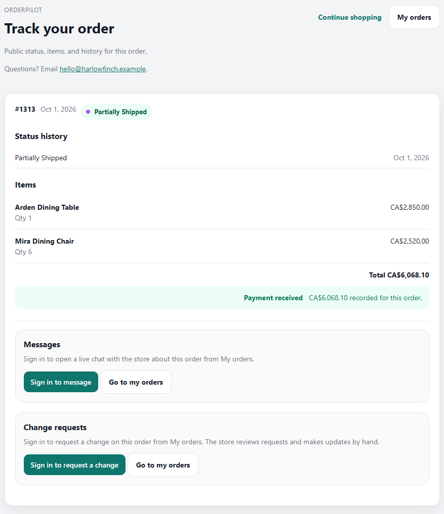 Screenshot of the order tracking page for a paid dining set order