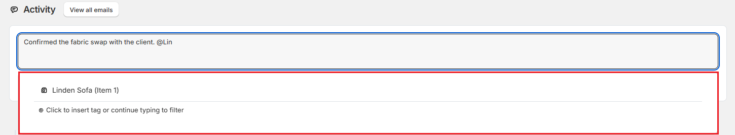 Screenshot of OrderPilot Activity card with a comment being written and the @ tag list open