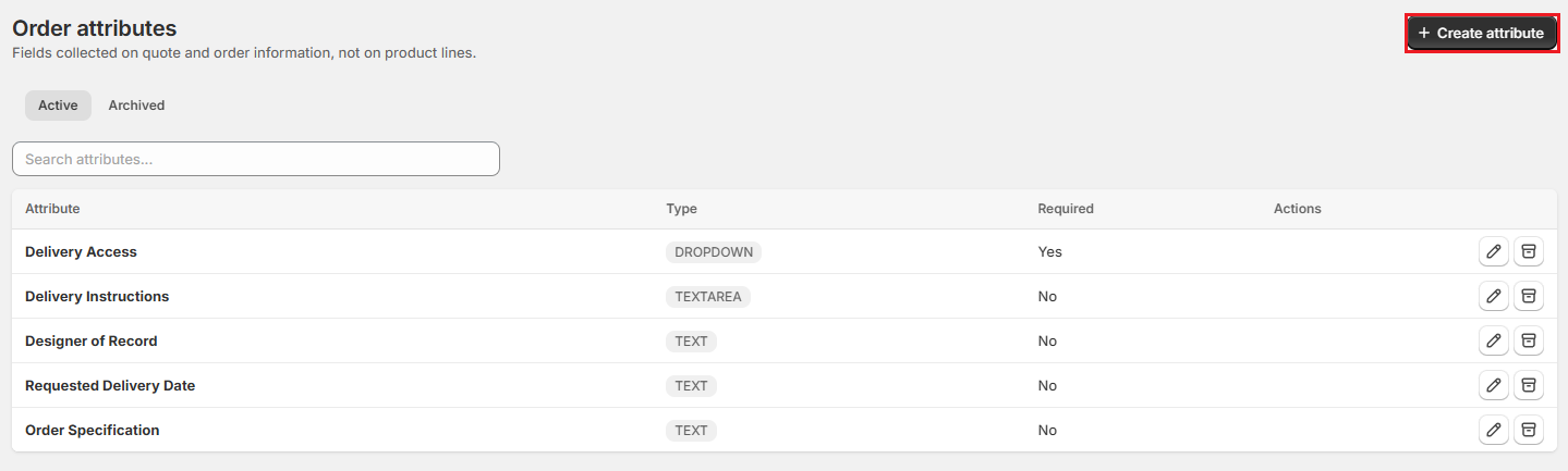 OrderPilot Order attributes settings with the Create attribute button Screenshot of OrderPilot Order attributes settings with the Create attribute button