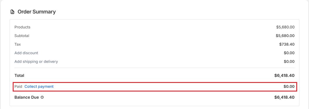 Screenshot of OrderPilot Order Summary card with the Paid row, Collect payment link, and Balance Due