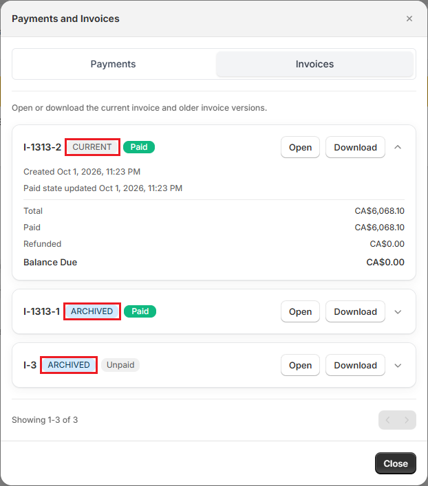 Screenshot of OrderPilot Payments and Invoices window on the Invoices tab