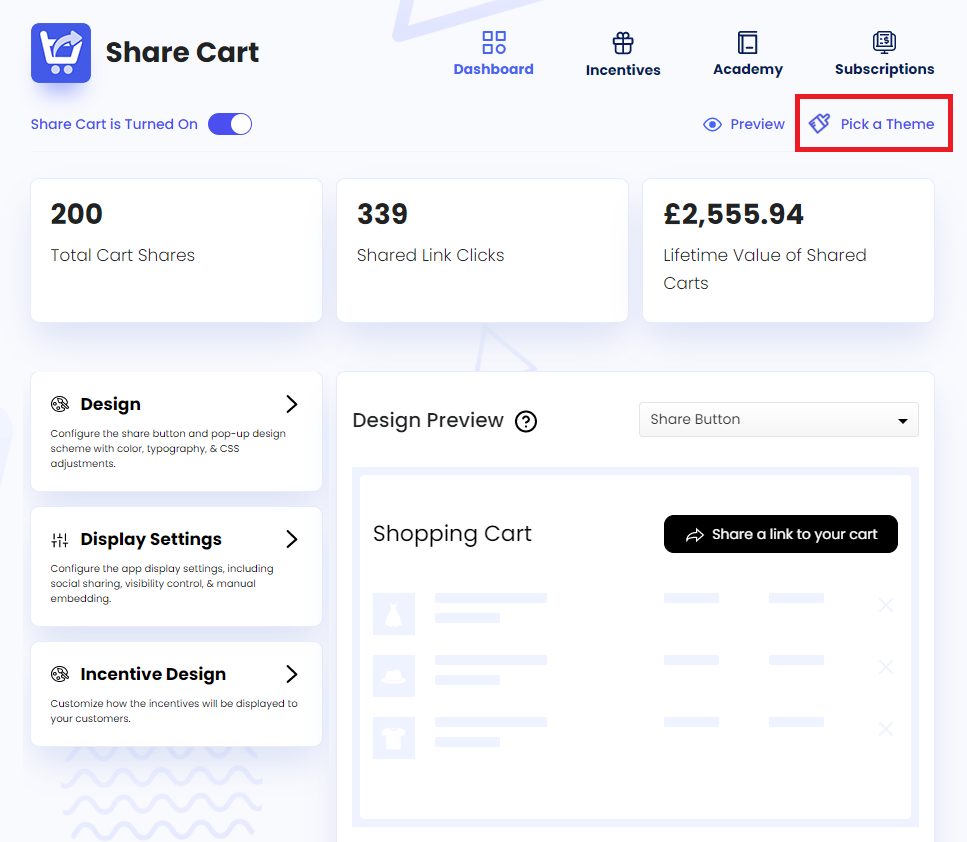 Screenshot of Share Cart Dashboard-Clicking on Pick a Theme