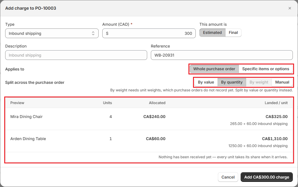 OrderPilot Add charge dialog on a purchase order Screenshot of OrderPilot Add charge dialog on a purchase order