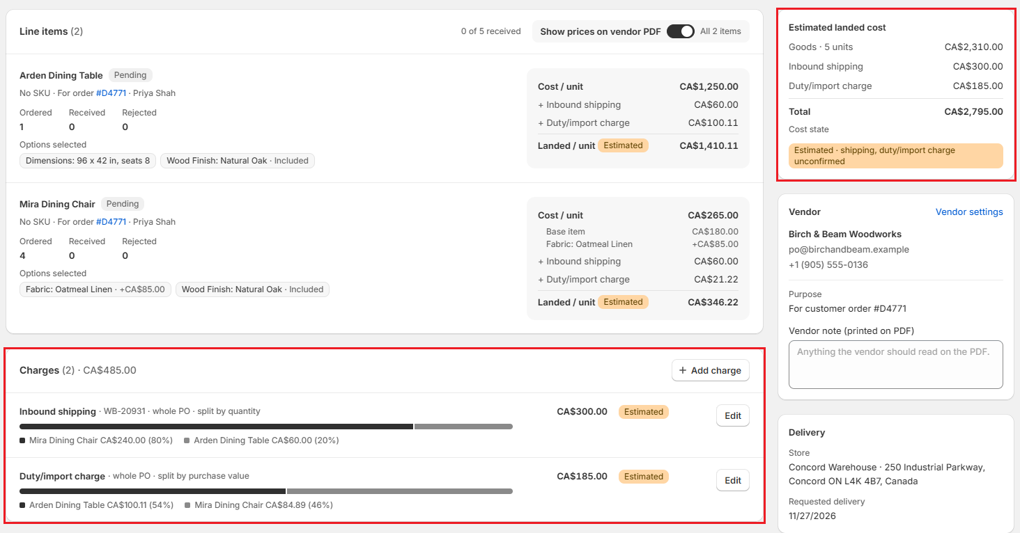 OrderPilot purchase order with the Charges card and landed cost Screenshot of OrderPilot purchase order with the Charges card and landed cost