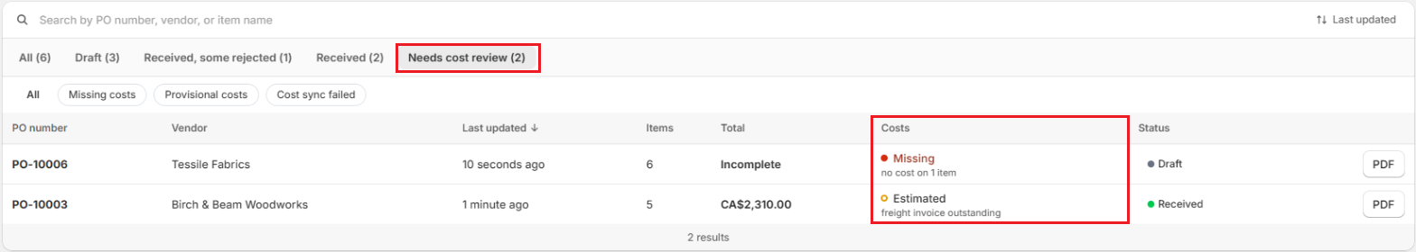 OrderPilot Purchase Orders list on the Needs cost review tab Screenshot of OrderPilot Purchase Orders list on the Needs cost review tab