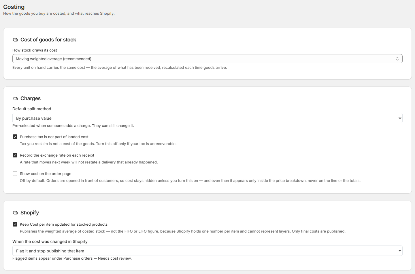 OrderPilot Costing settings Screenshot of OrderPilot Costing settings