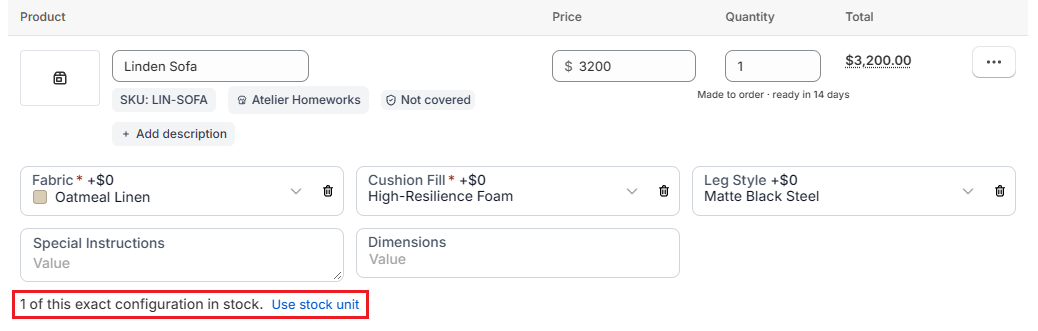 OrderPilot order line offering a stock unit Screenshot of OrderPilot order line offering a stock unit