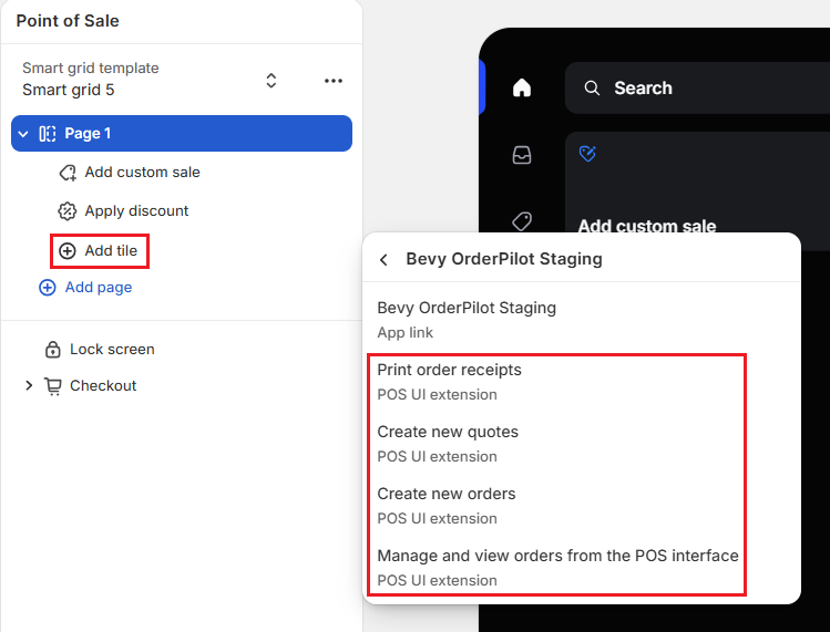 Screenshot of Shopify Admin Customize POS App-Select Tiles