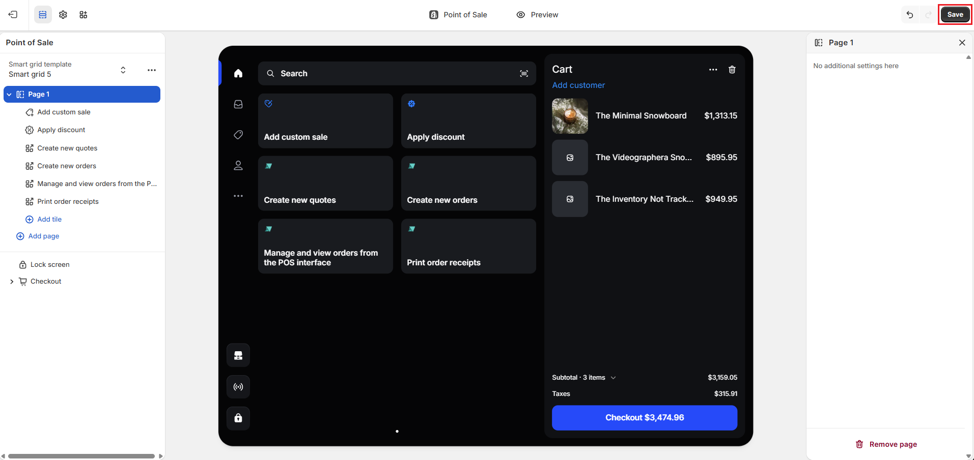 Screenshot of Shopify Admin Customize POS App-Preview and Save