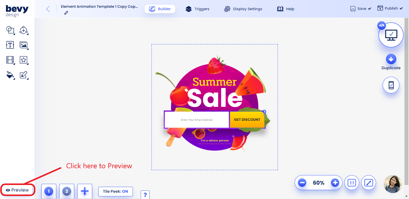 Bevy Builder Preview Button Screenshot of A/B Testing Option Button