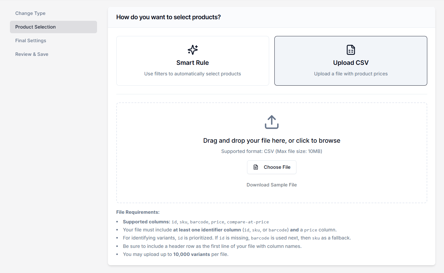 Screenshot of Price Rules Product Selection Method-Upload CSV