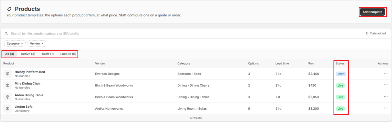 OrderPilot Products page listing product templates with sync badges Screenshot of OrderPilot Products page listing product templates with sync badges