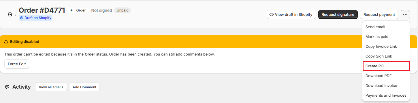 Screenshot of OrderPilot order ••• menu with Create PO