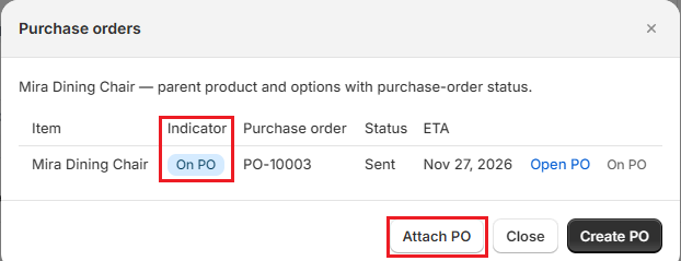 Screenshot of OrderPilot Manage PO window for an order line
